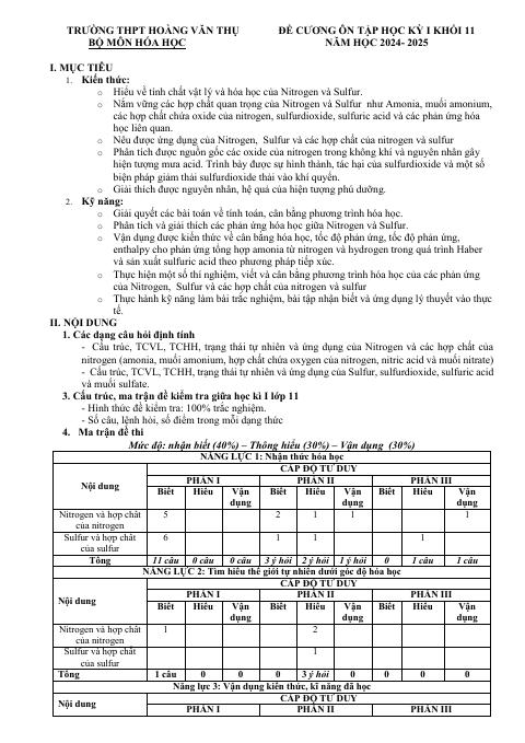 Đề cương ôn tập Học kì 1 Hóa học 11 năm 2024–2025 trường THPT Hoàng Văn Thụ (Hà Nội)